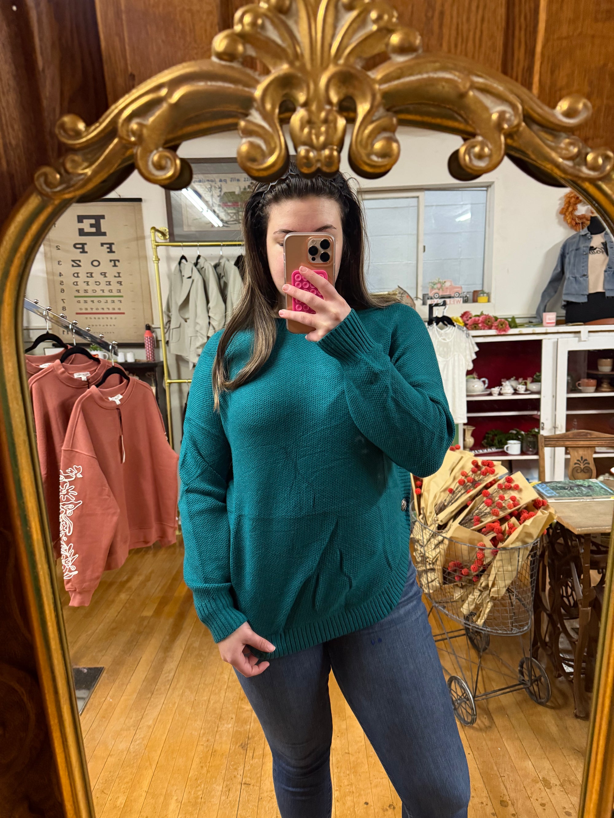 Teal Sweatshirt with Silver Buttons