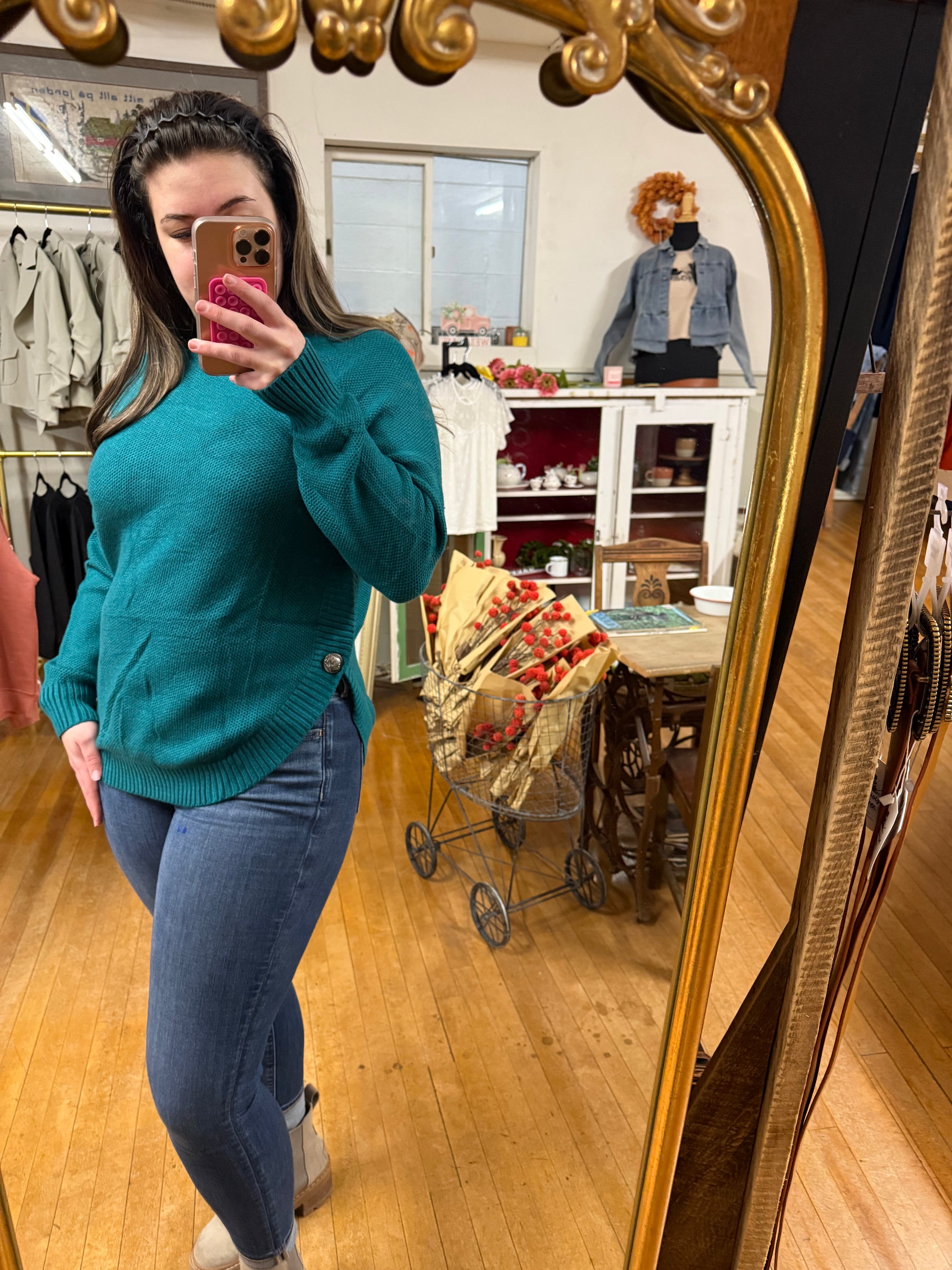 Teal Sweatshirt with Silver Buttons