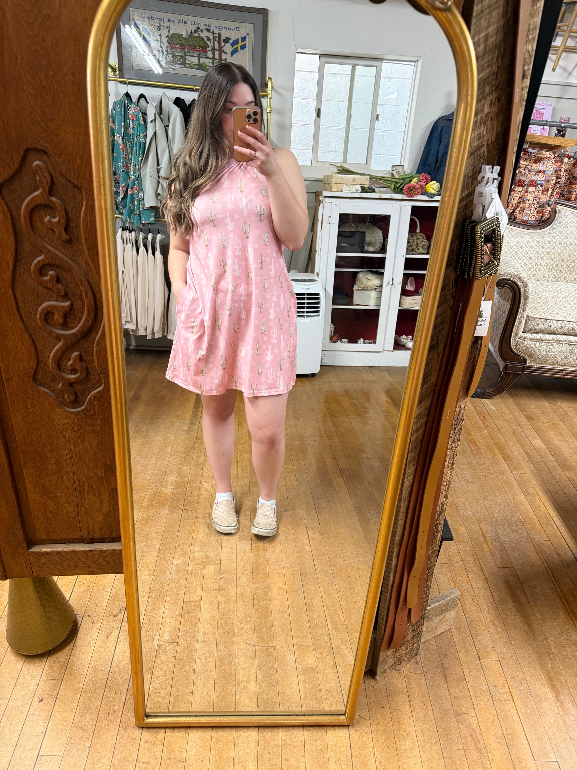 Pink Cactus Dress with Pockets