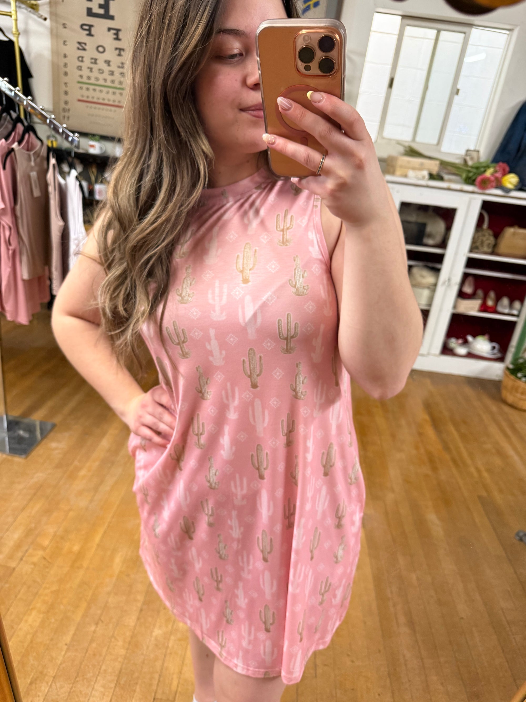 Pink Cactus Dress with Pockets