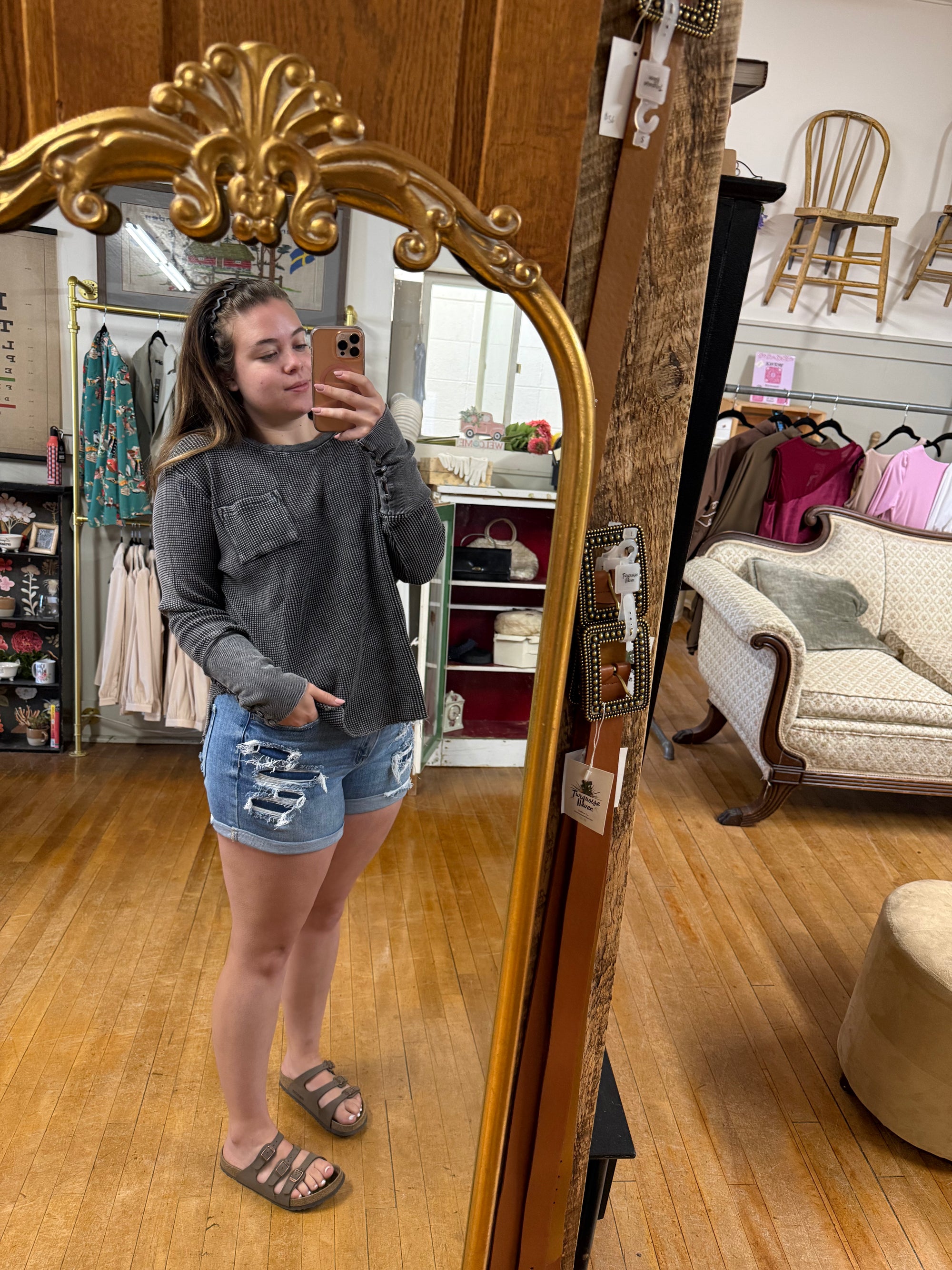 Charcoal Waffle Knit Long-Sleeve