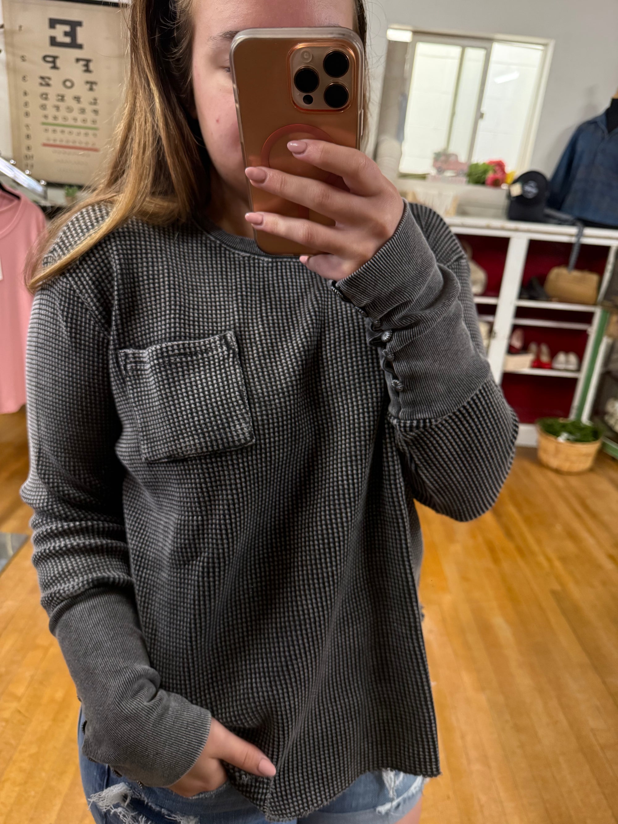 Charcoal Waffle Knit Long-Sleeve