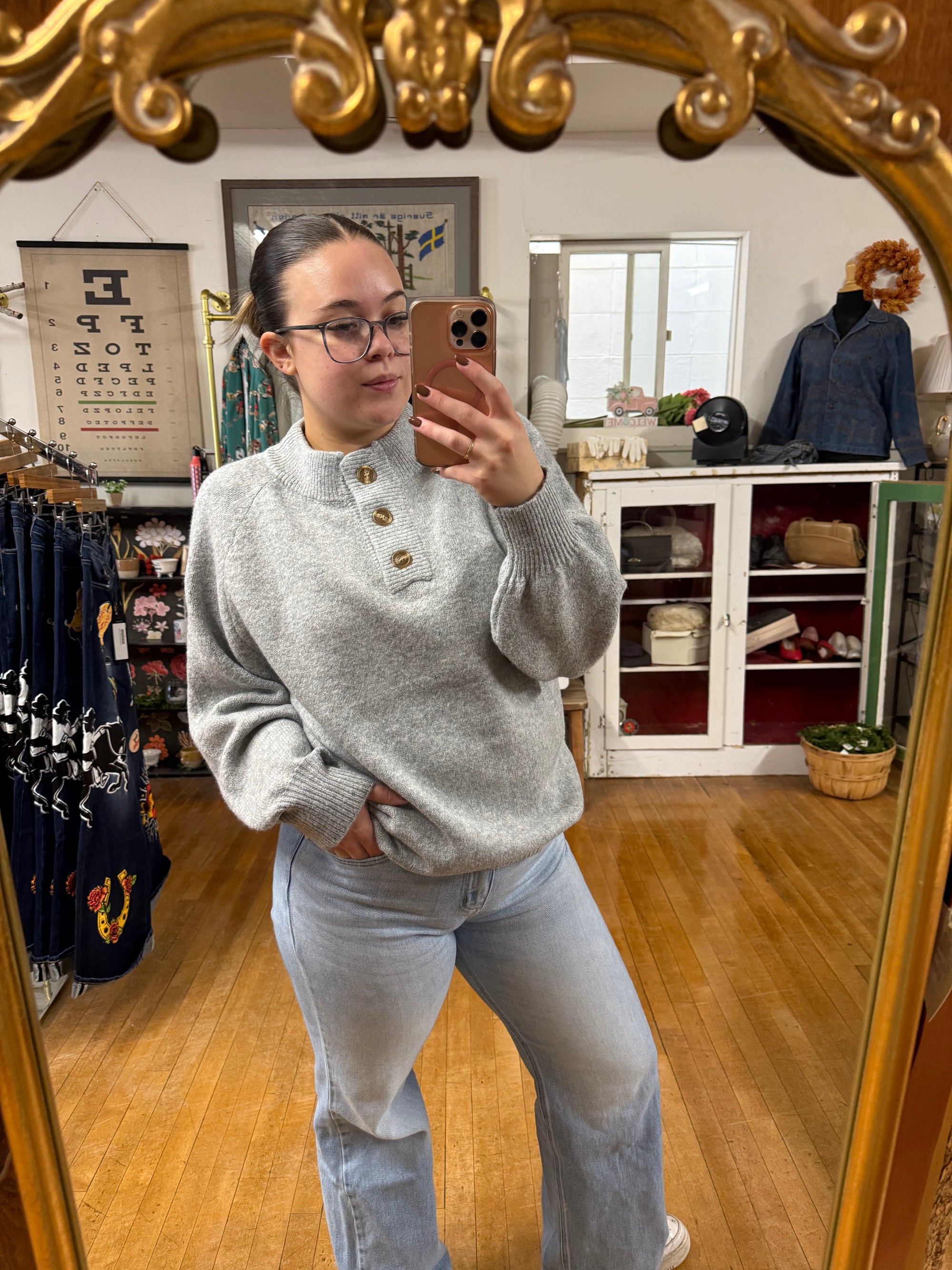 Grey Mockneck Button-Down Sweater