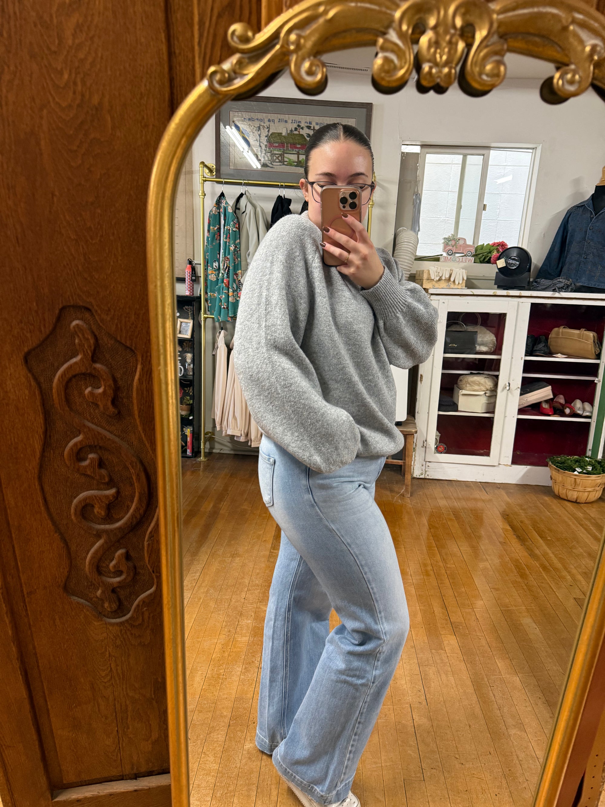 Grey Mockneck Button-Down Sweater