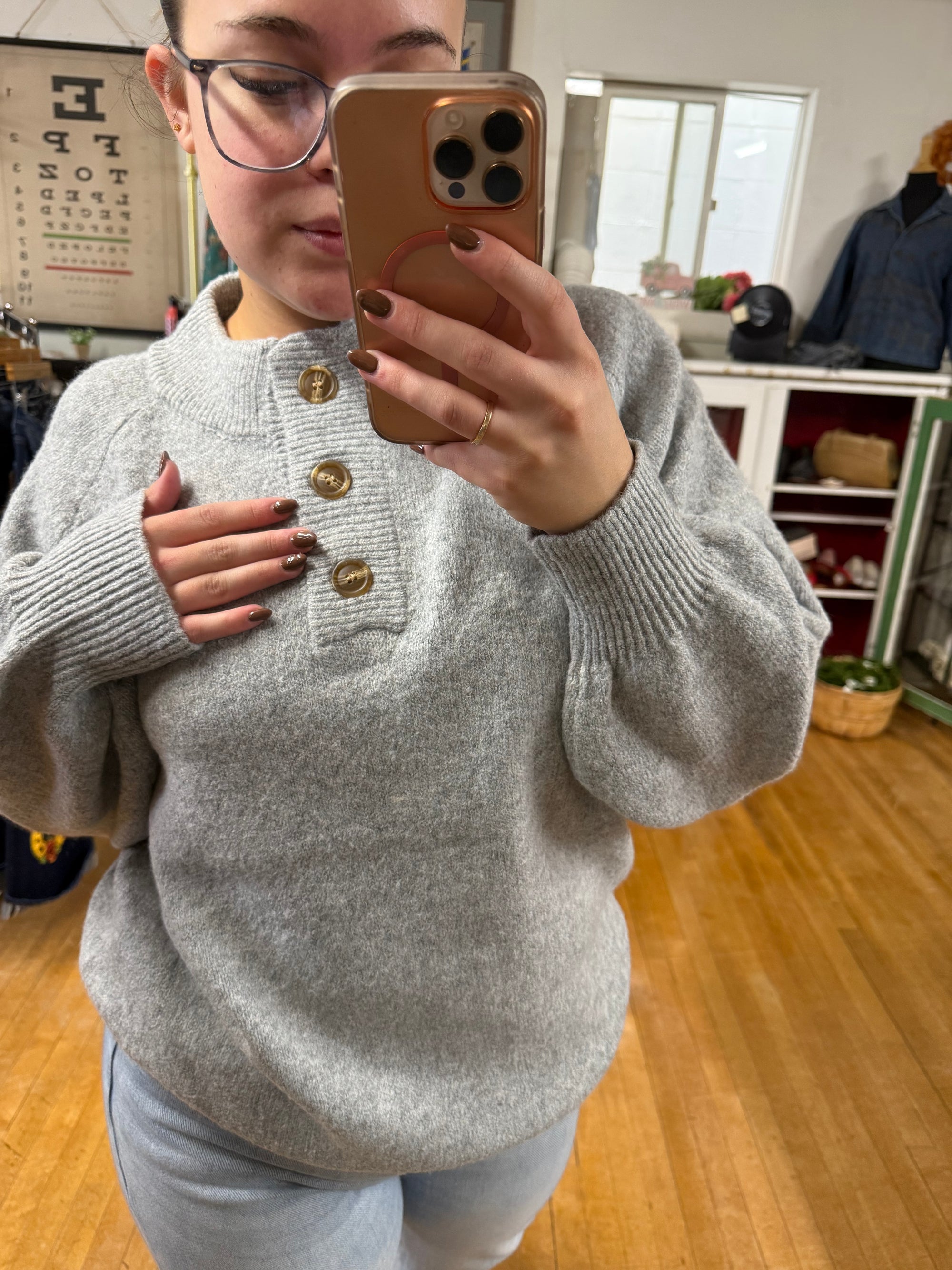 Grey Mockneck Button-Down Sweater